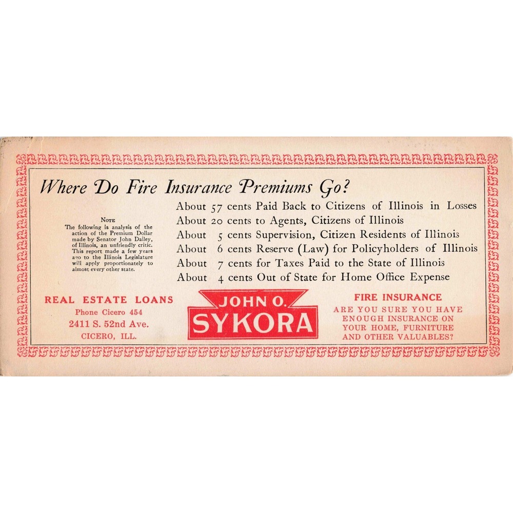Vtg Ink Blotter John O Sykora Cicero Illinois Fire Insurance Real Estate - Picture 1 of 2